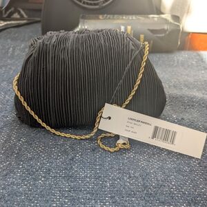 NWT Loeffler Randall Black Pleated Clutch with Gold Chain